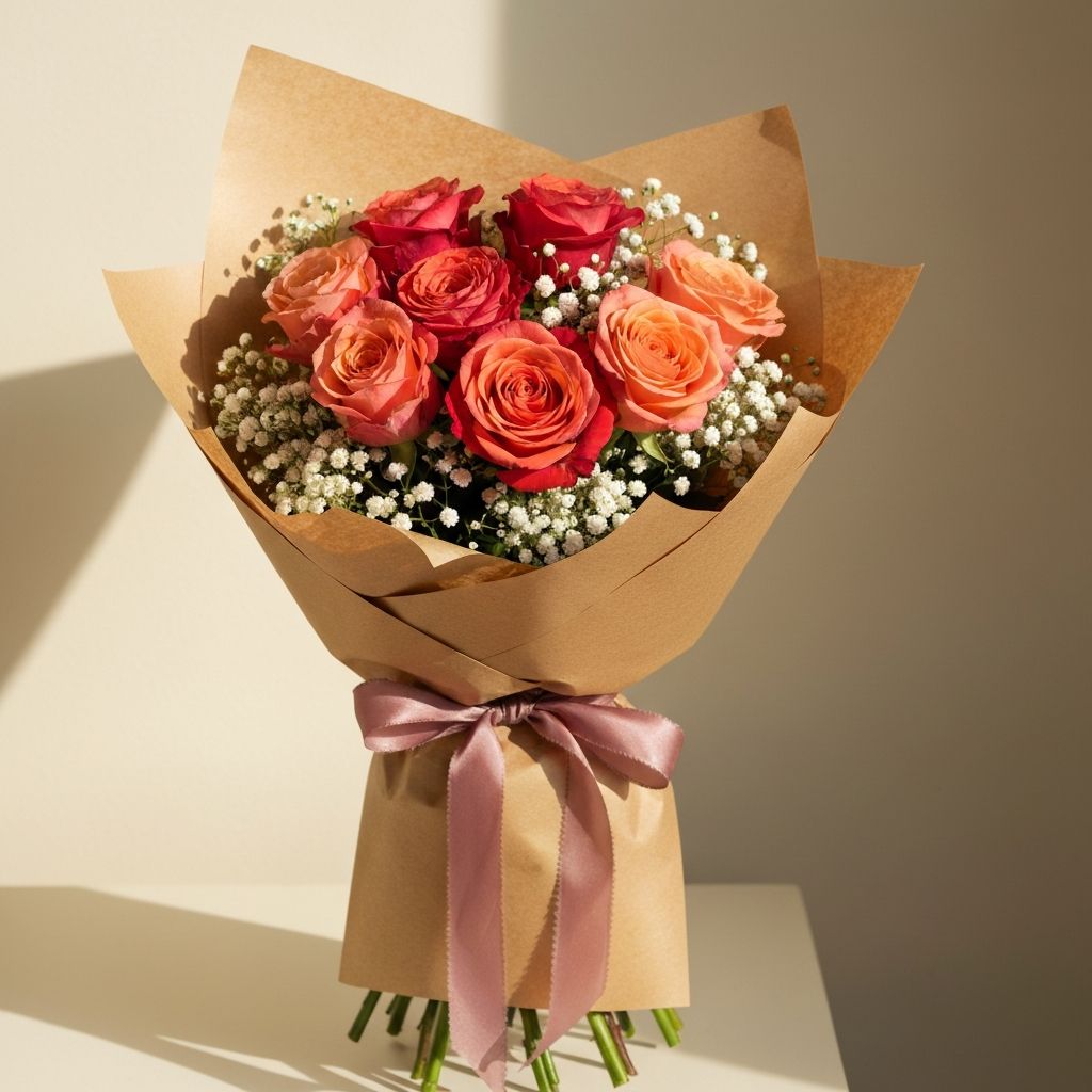 Romantic Roses — Deep reds wrapped in kraft with a silk ribbon.