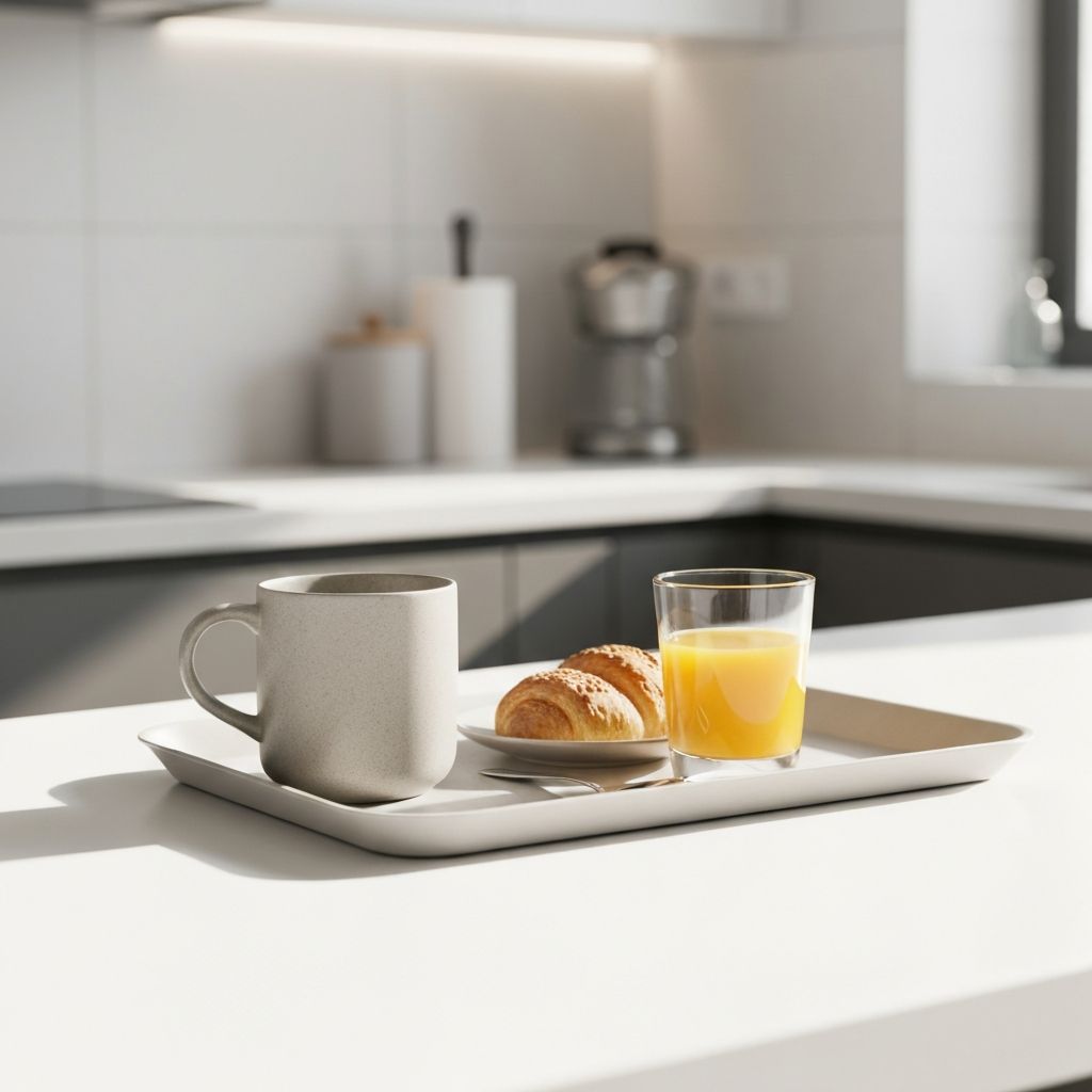 Classic Breakfast Tray — Croissant, eggs, fresh fruit and a small bouquet.