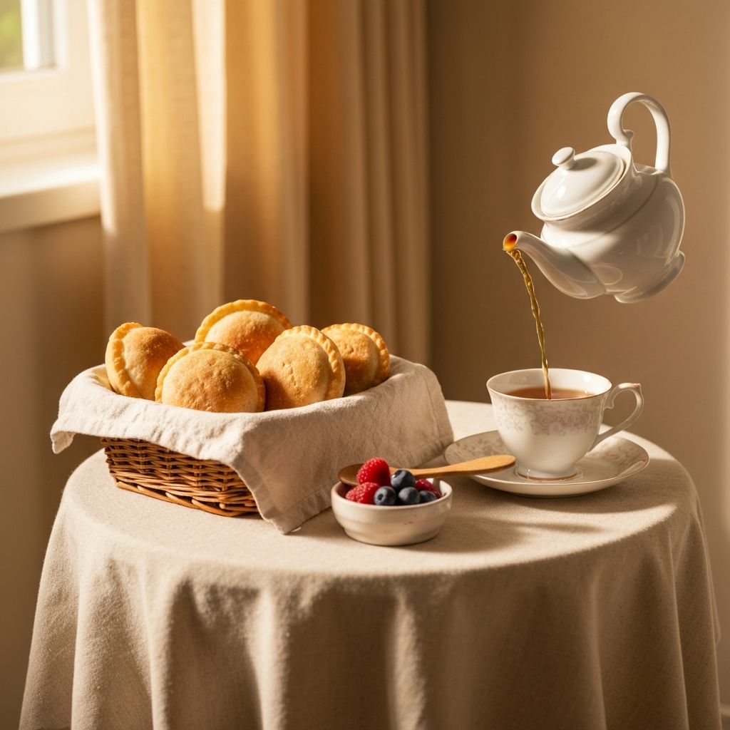 Medialunas Breakfast — Six medialunas, dulce de leche, and a porcelain teapot. (3/3)