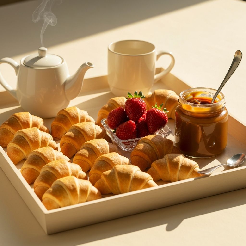 Medialunas Breakfast — Six medialunas, dulce de leche, and a porcelain teapot.