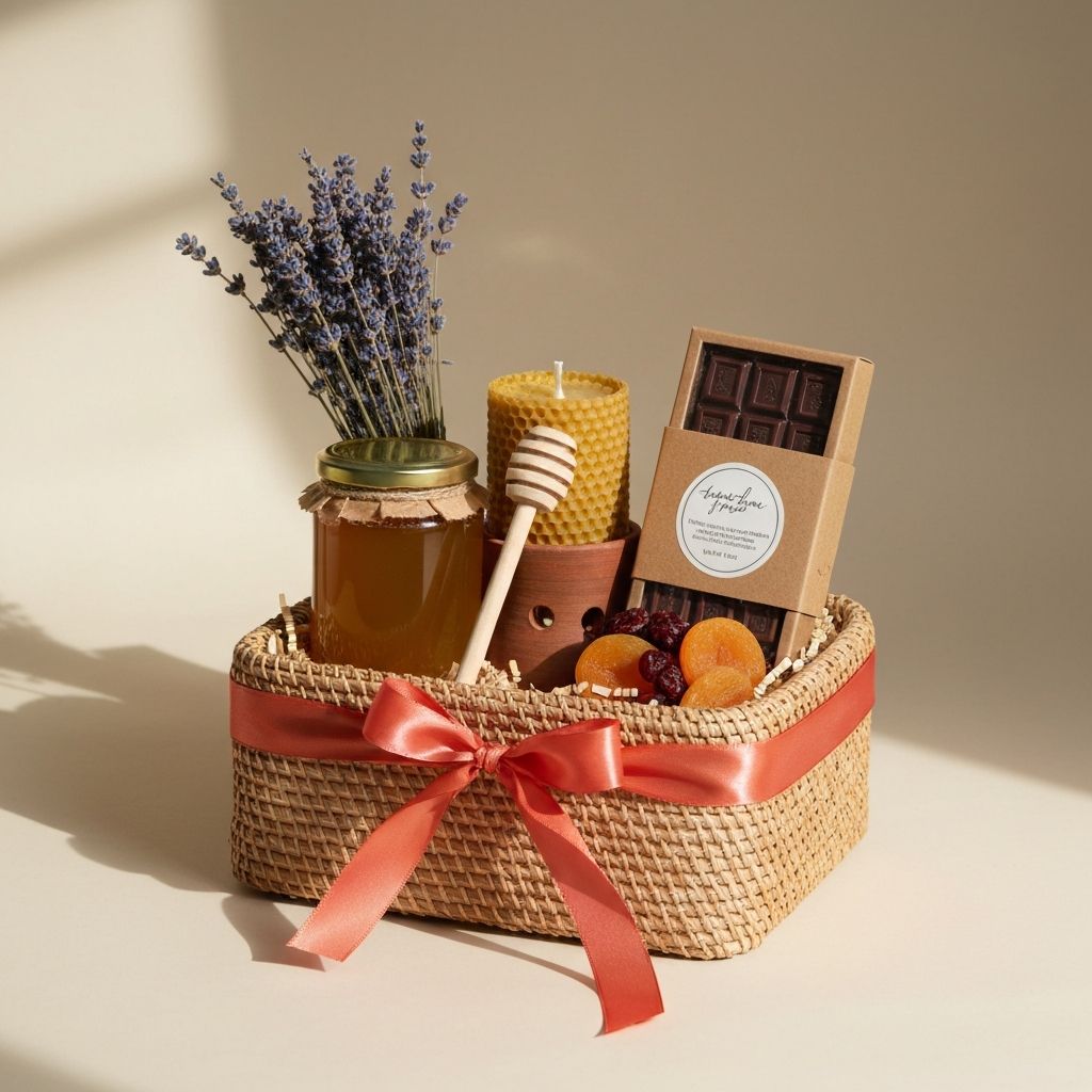 Artisan Gift Basket — Honey, lavender, candle, chocolate and dried fruits.