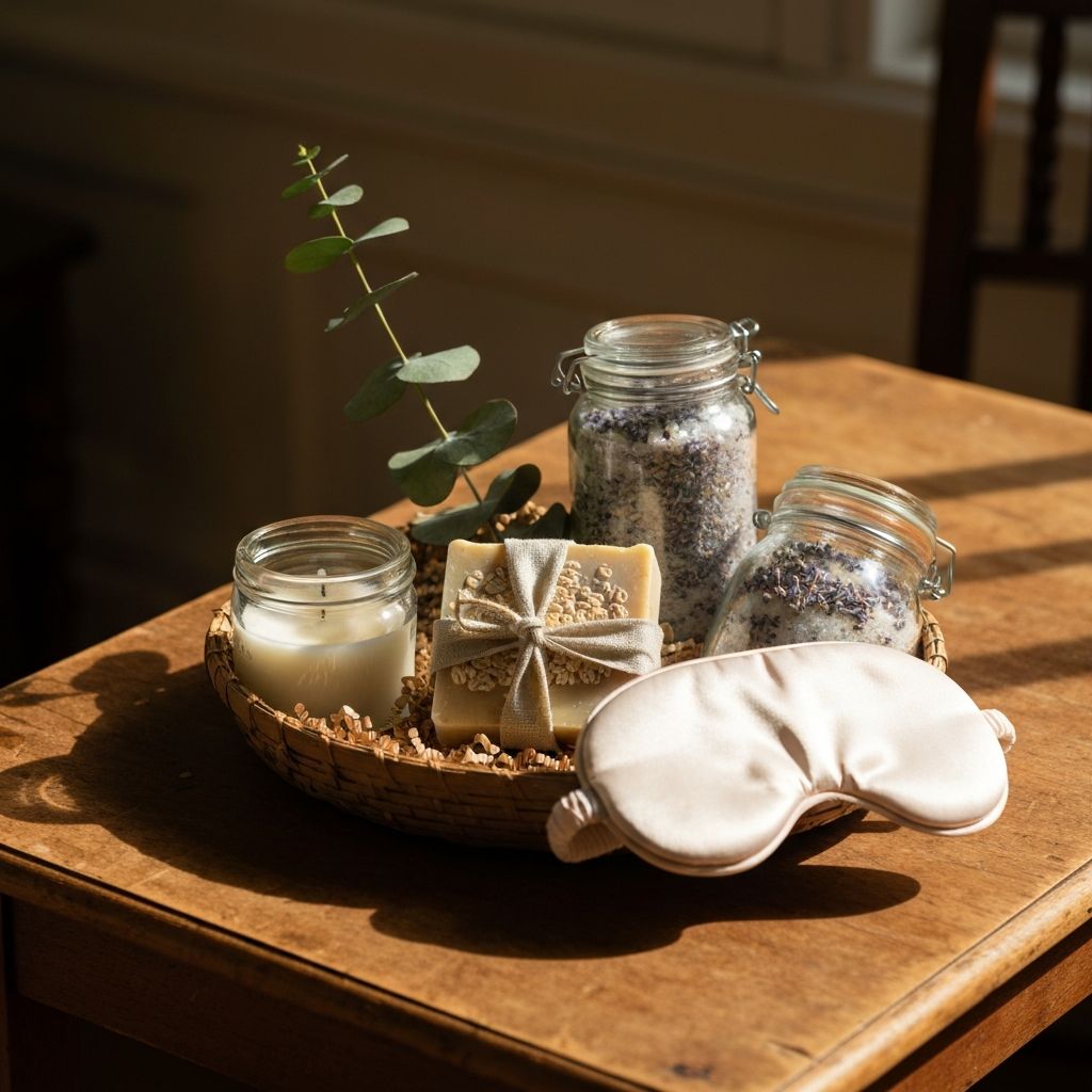 Self-care Basket — Candle, soap, eucalyptus and a silk eye mask.